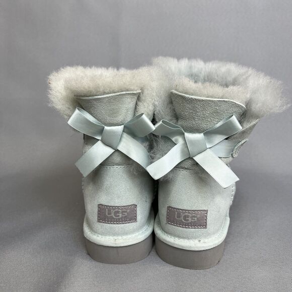 Womens Ugg Boots Sz 8 Ice Blue Bailey Bow Mini Suede Sherpa Coquette Festival - Picture 10 of 13